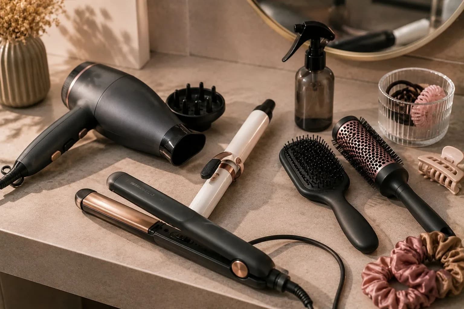 Rose gold and black hair dryer, straightener, curling wand and brushes laid out on a stone vanity