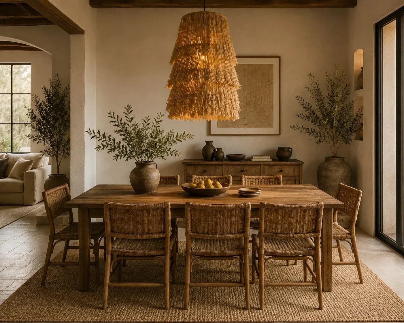Tiered raffia fringe pendant lamp lit above a rustic wooden dining table