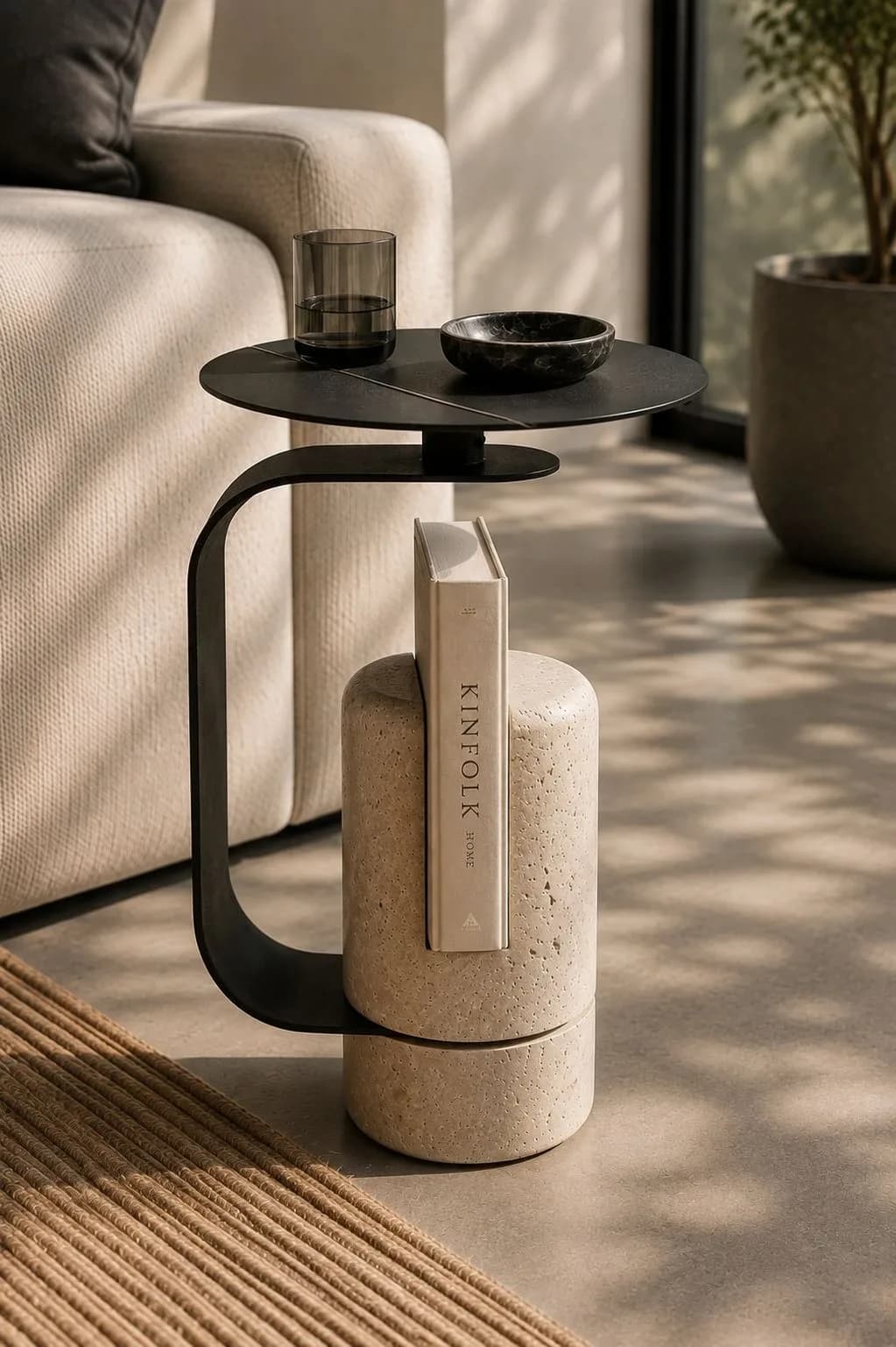 C-shaped black steel side table on a travertine stone base holding a book upright