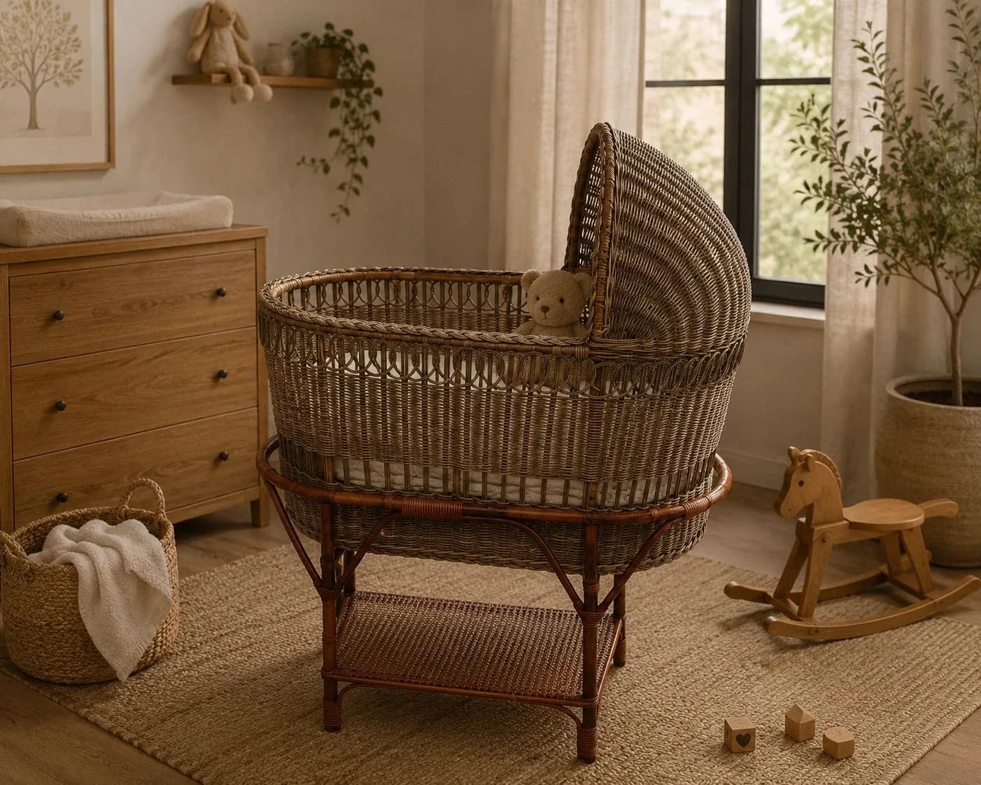 Hand-woven rattan bassinet with a hood on a rolling cane stand in a sunlit nursery