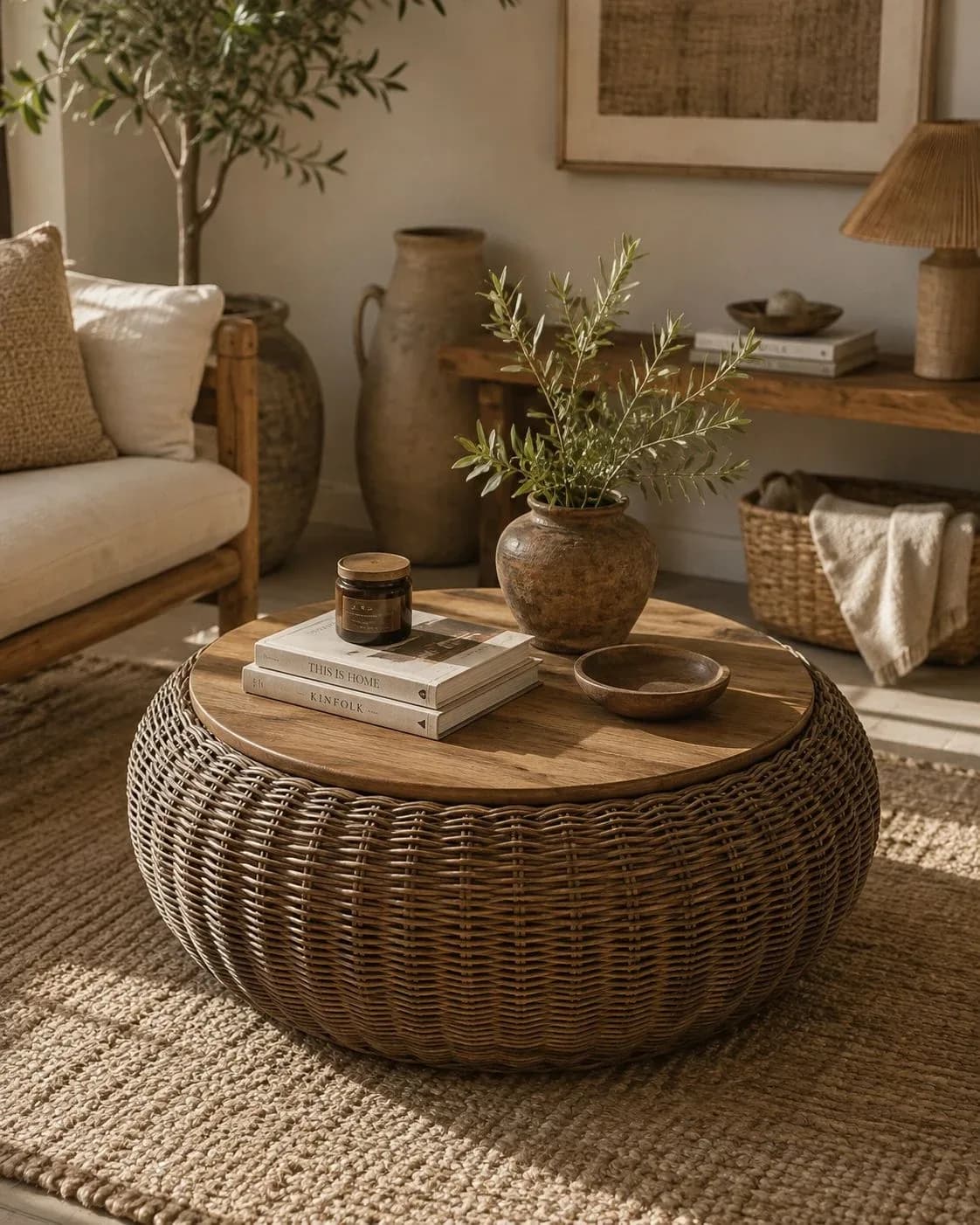 Round hand-woven rattan coffee table with a lift-off mango wood top, styled with books and an olive branch